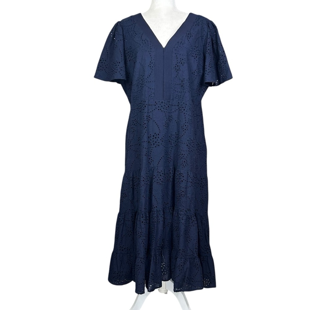 Chico's Navy Eyelet V-Neck Tiered Midi Dress - Picture 2 of 15